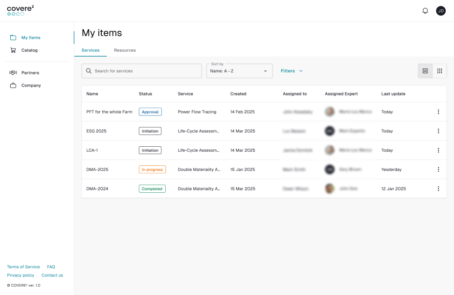 The COVERE² dashboard displays sustainability services