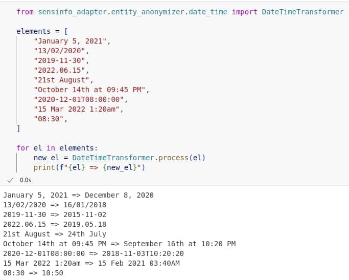 Anonymization examples for different date and time formats