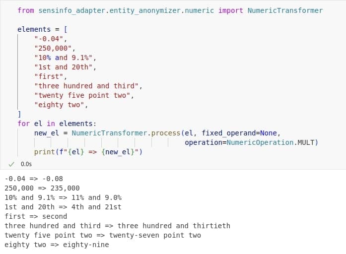 Anonymization examples for different numeric entities
